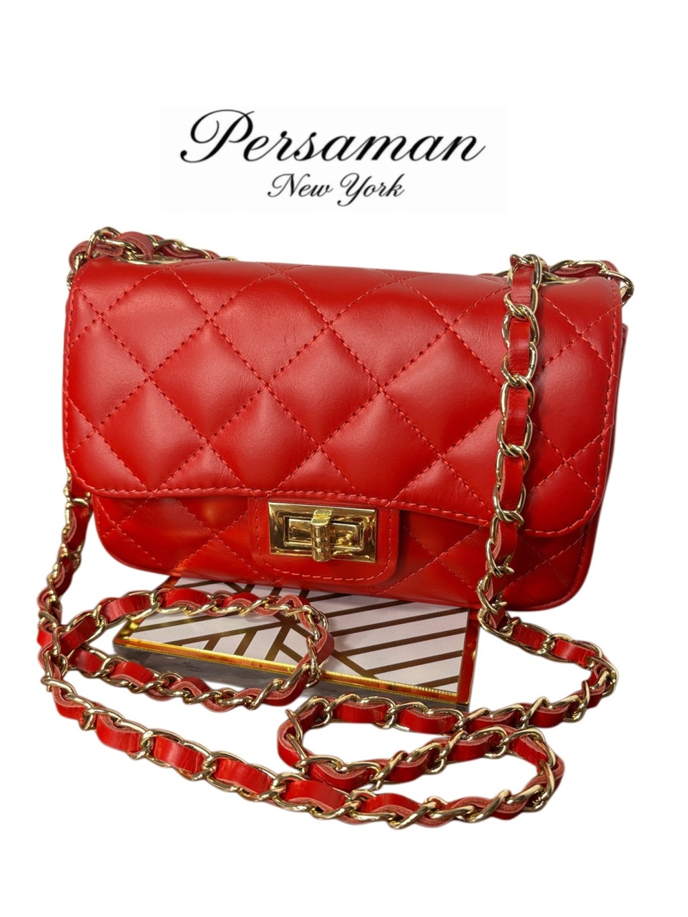 PERSAMAN NEW YORK Italian red quilted leather bag with gold chain strap